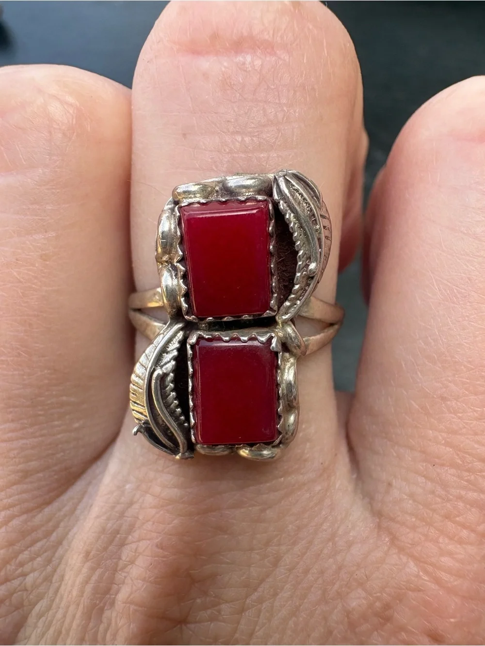 Southwest Style Ring with Red Stones and Feather Accents - Size 7.25